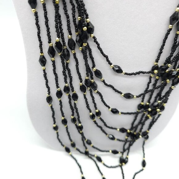 Multi Strand Black Seed Bead Necklace With Faceted Accents And Gold Tone Clasp - Picture 3 of 6